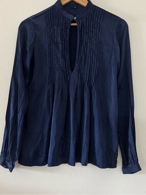 Silk Theory Navy Blue Satin Pleated Button Blouse Women’s S Long Sleeve Capsule